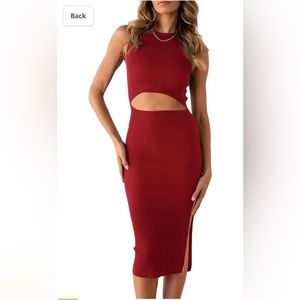 Red Midi Dress side slit and midriff peekaboo